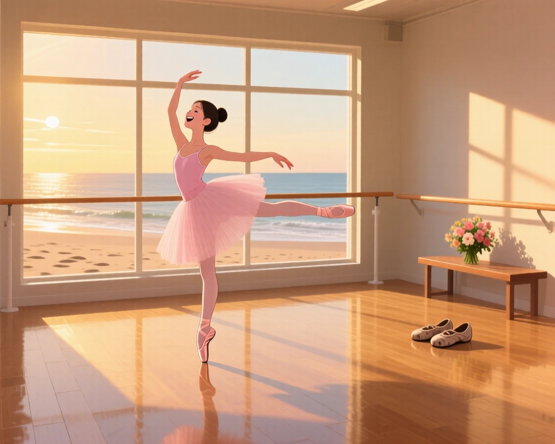 A young dancer practicing ballet in a sunlit studio, on a quiet beach at golden hour, captured in a candid, joyful moment, with a sense of warmth and togetherness in every detail.