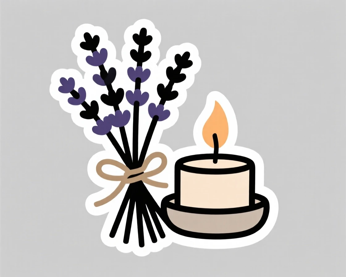 A cozy bundle of dried lavender, placed next to a lit candle, in a minimalist Scandinavian-style room.