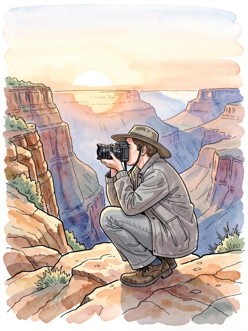 A photographer crouched at the edge of a canyon, camera raised to capture the sunrise
