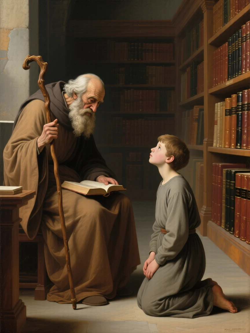 A wise elder passing sacred wisdom to a kneeling young disciple as ancient wisdom passes gently to the next generation, set within an ancient library devoted to timeless questions, with modest robes, a well-worn staff, and a face lined with quiet devotion; quiet, uncluttered space allows the emotional core room to breathe, radiating compassion, faith, and gentle hope.