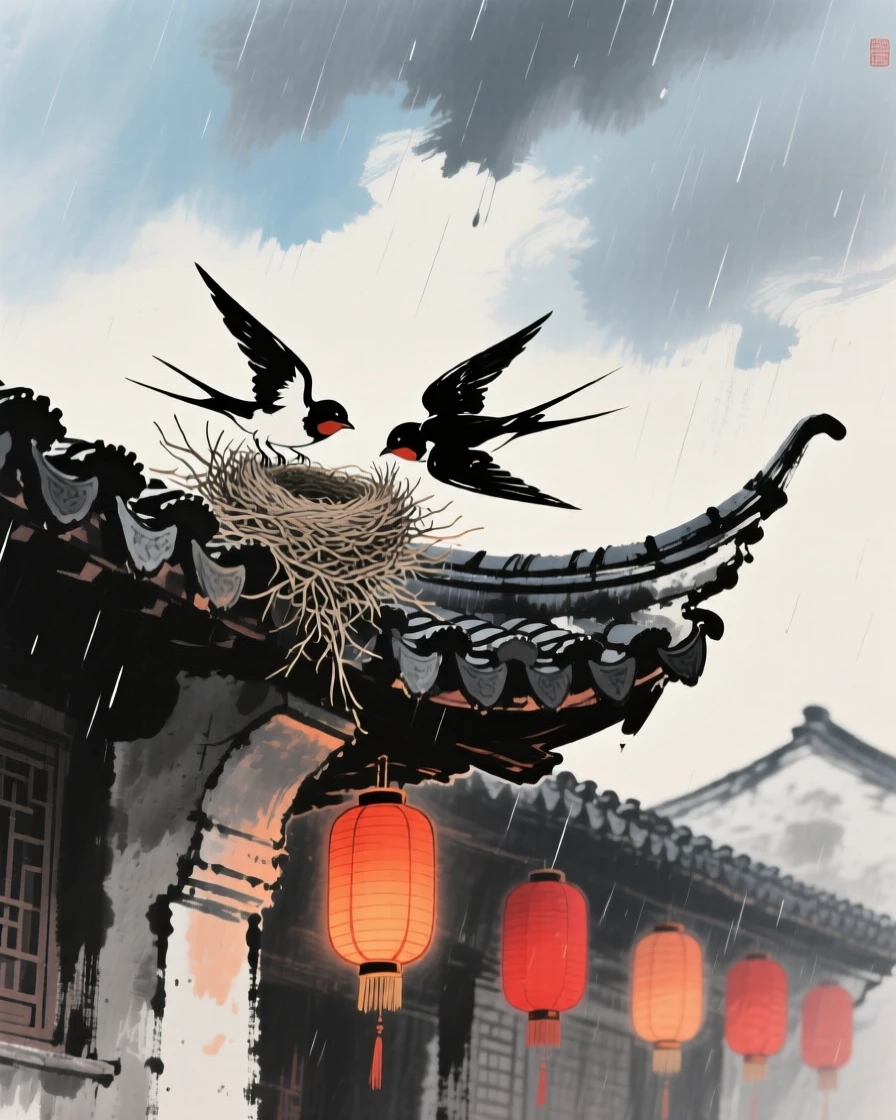 A pair of swallows building a nest beneath an eave, under clearing skies after a storm, imbued with timeless calm, as lanterns are lit for the evening.