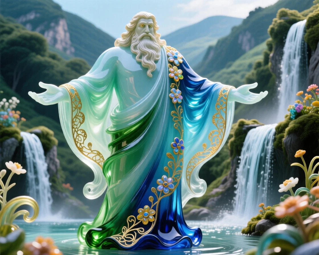A gentle giant guarding a hidden valley of waterfalls, benevolent and grand.