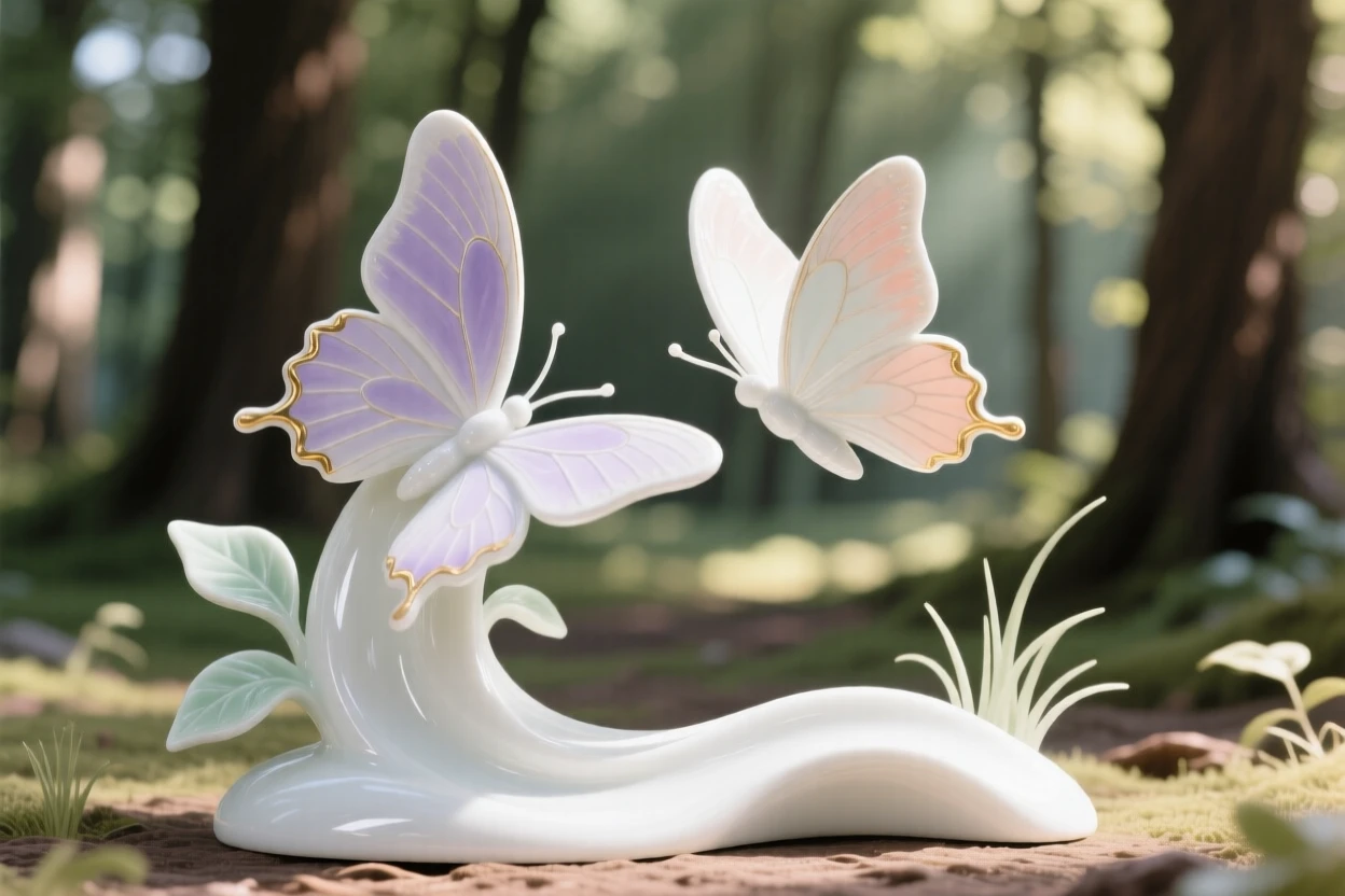 A pair of butterflies circling gracefully in flight beside a sunlit forest clearing.