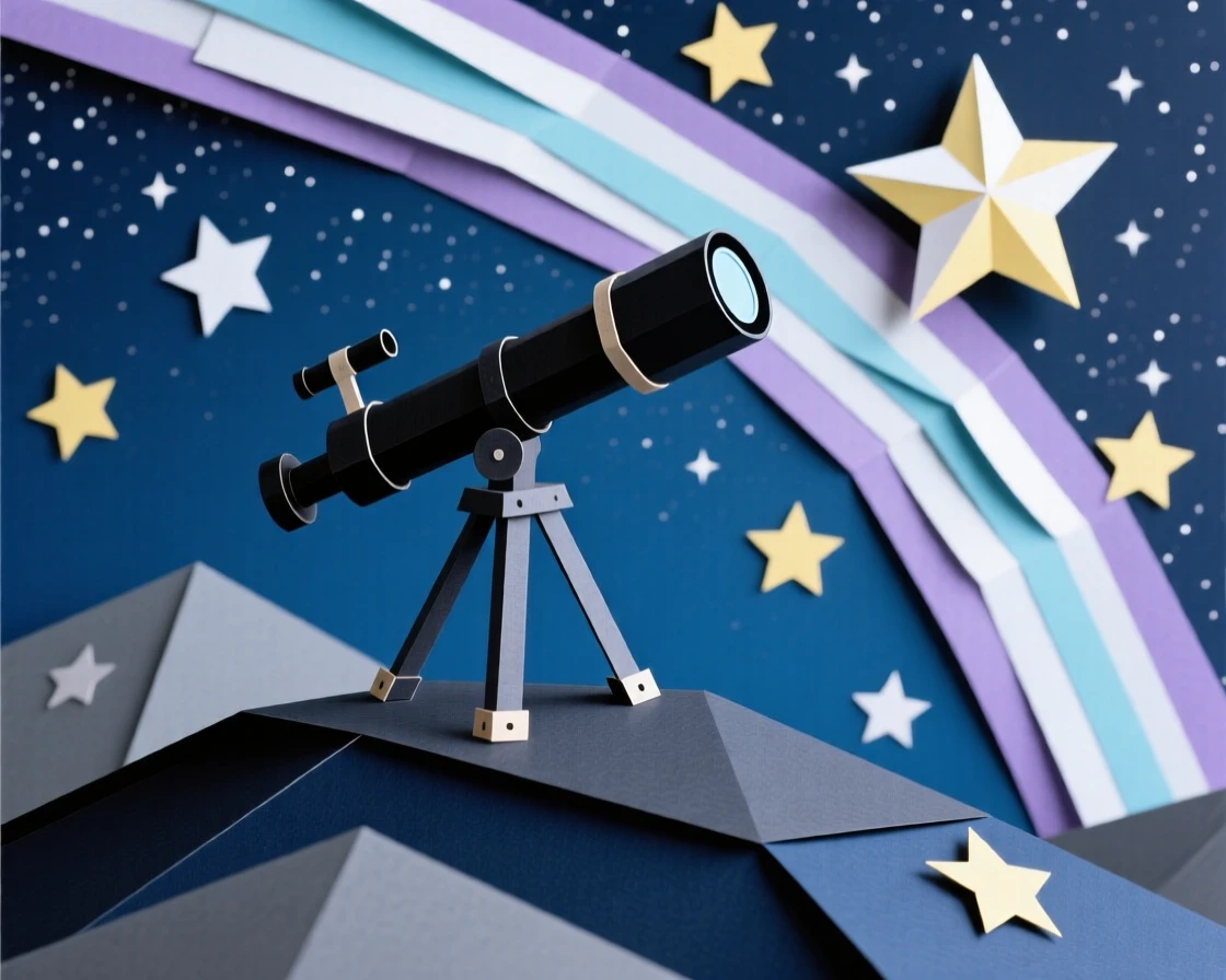 A telescope set up on a dark hilltop pointed toward a brilliant starry sky filled with the Milky Way, evoking curiosity and cosmic wonder.