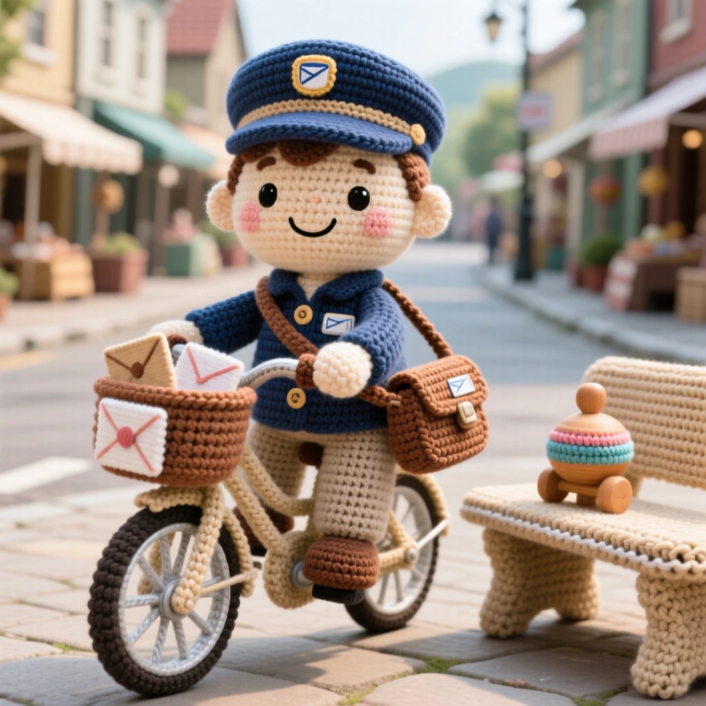 a cheerful mail carrier, with a satchel full of letters and a bright smile, is captured riding a bicycle down a quiet lane in a bustling small-town market square beside a small wooden toy left on a bench, radiating warm, homespun charm and quiet dedication.