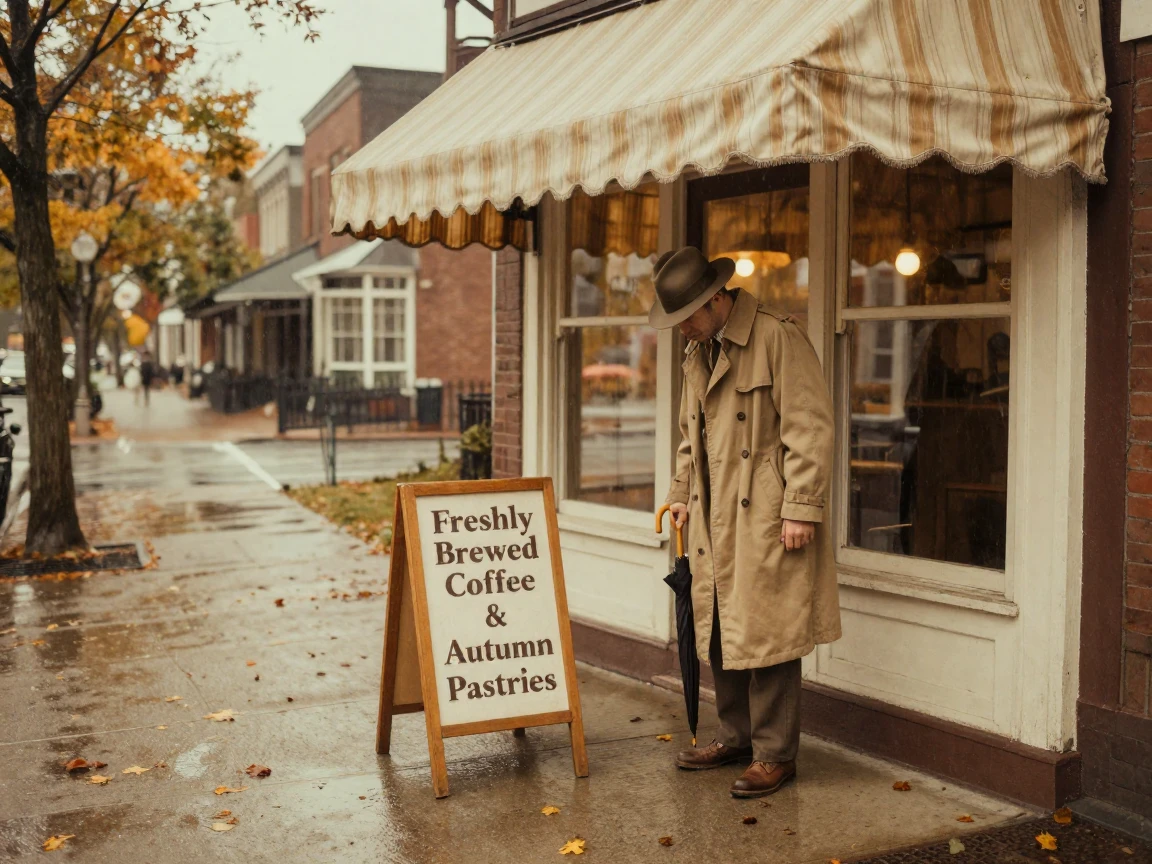 A commuter sheltering from rain under a shop awning, in gentle diffused daylight, as heat shimmers over the ground, in the mild days of early autumn, in warm honey and cream tones, from a slightly elevated vantage point.