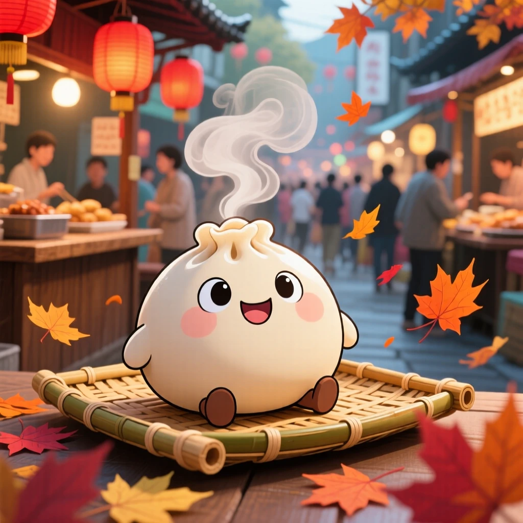 A plump dumpling character steaming happily on a bamboo tray in a bustling street food stall with autumn leaves swirling around; warm lamplight washes over the scene as wide-eyed wonder fills the moment. Medium shot.