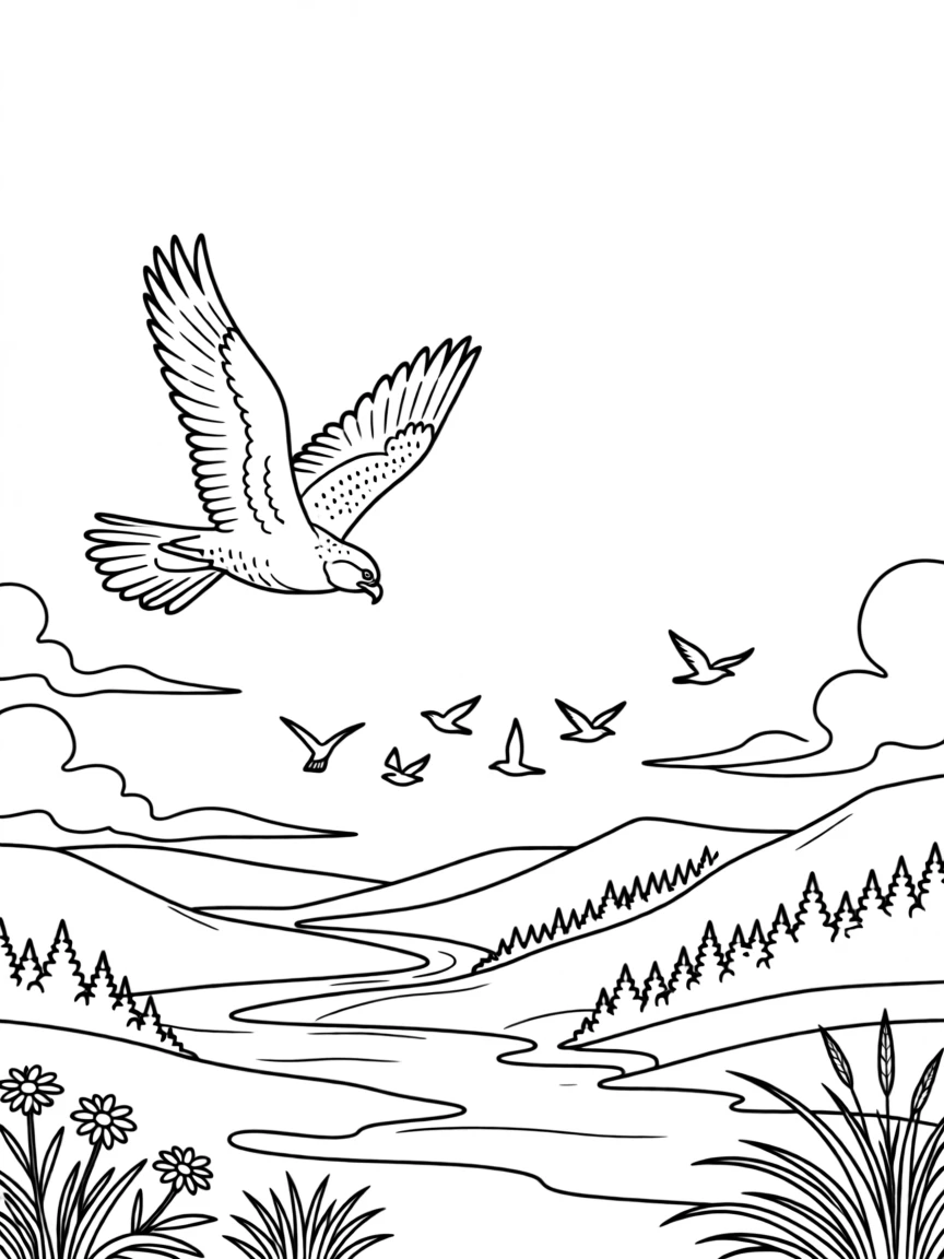 A peregrine falcon circling high above a misty valley, with a flock of small birds scattering nearby.