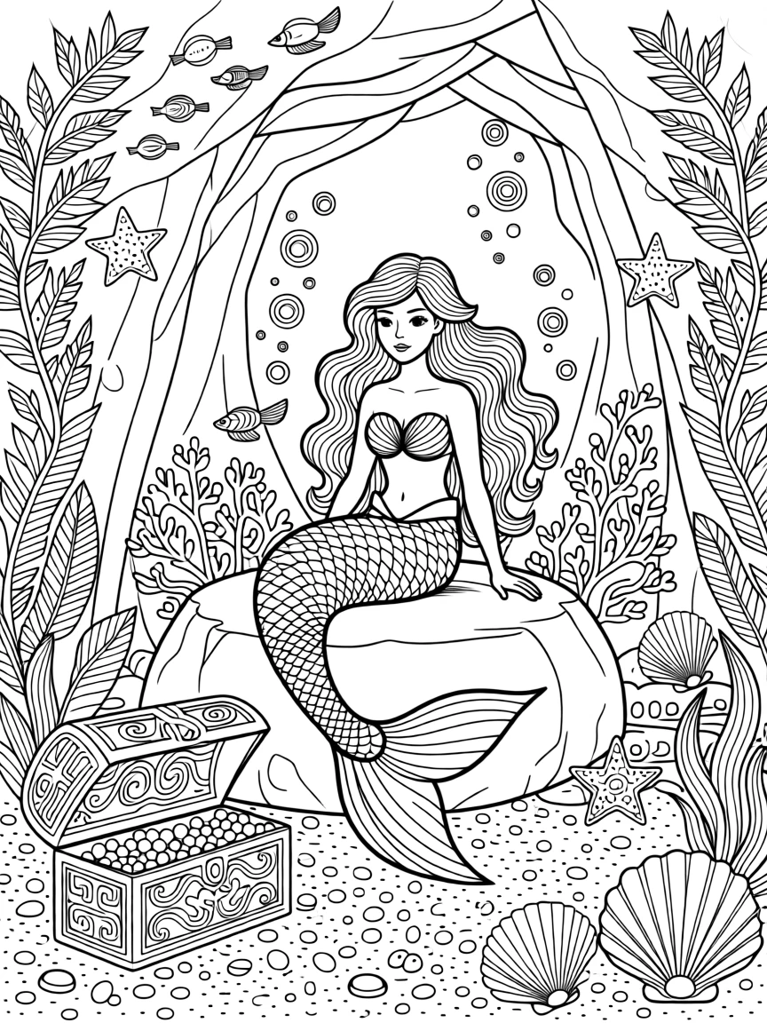 A mermaid's underwater grotto decorated with shells and coral.