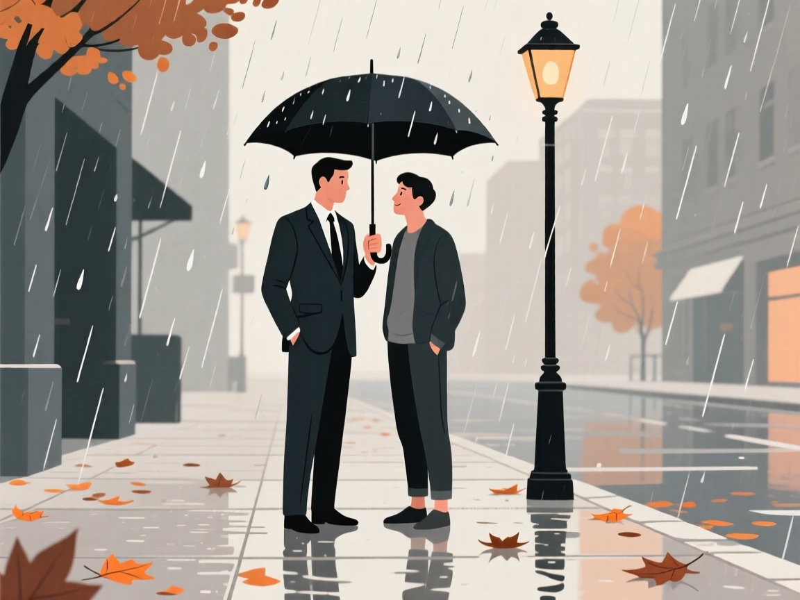 An office worker sharing an umbrella in the rain on a quiet autumn day in the city.