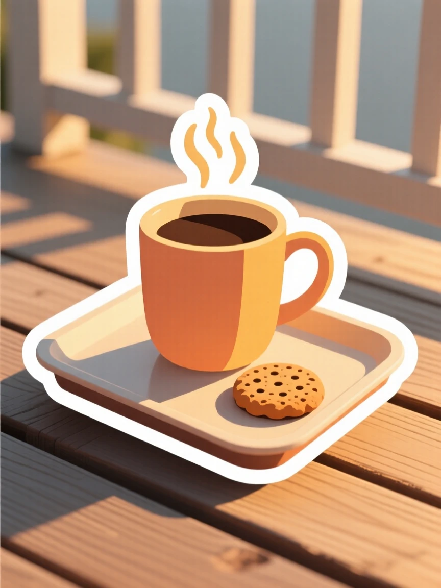 A delightfully simple steaming coffee mug, set on a tray with a single cookie, on a porch during golden hour.