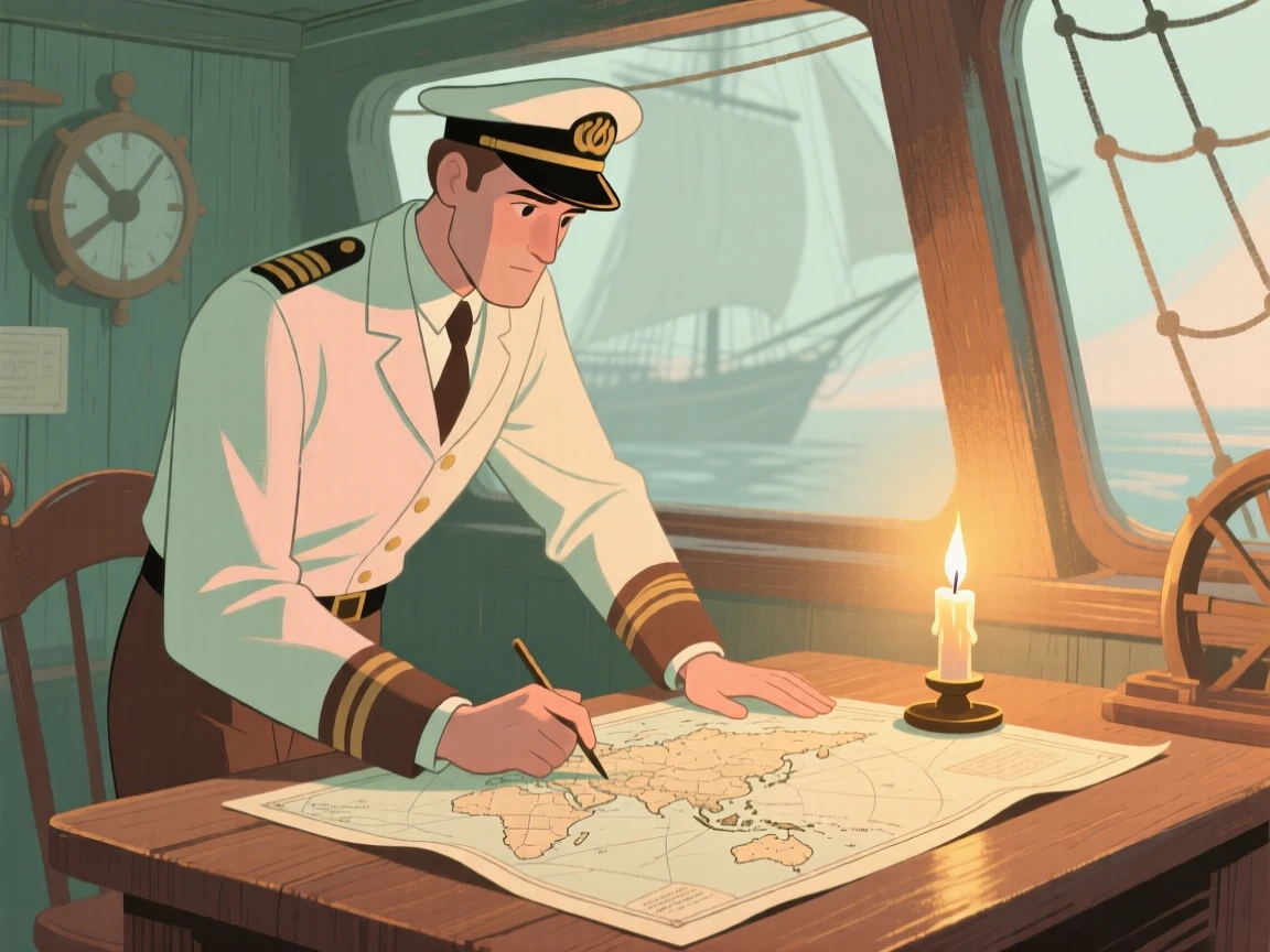 A ship's captain charting a course by candlelight in his cabin