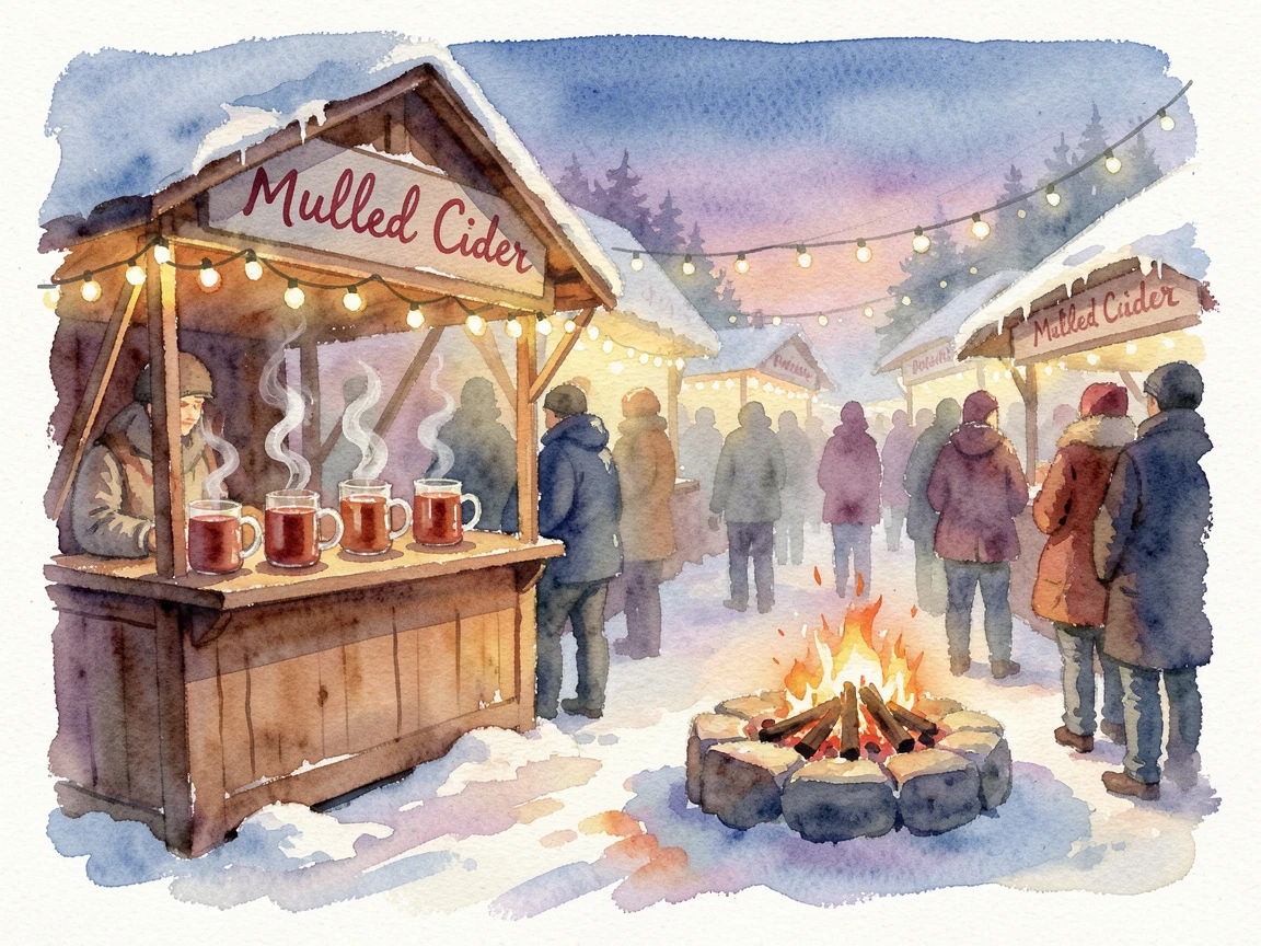A winter market with twinkling lights and mulled cider with a crackling fire nearby.