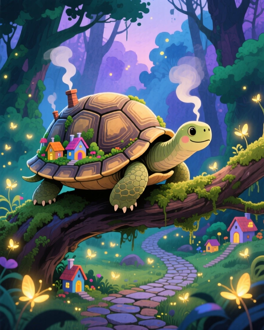 A gentle giant tortoise carrying a village on its back perched on a mossy branch surrounded by fireflies, in an enchanted forest at twilight, radiating gentle magic and wonder.