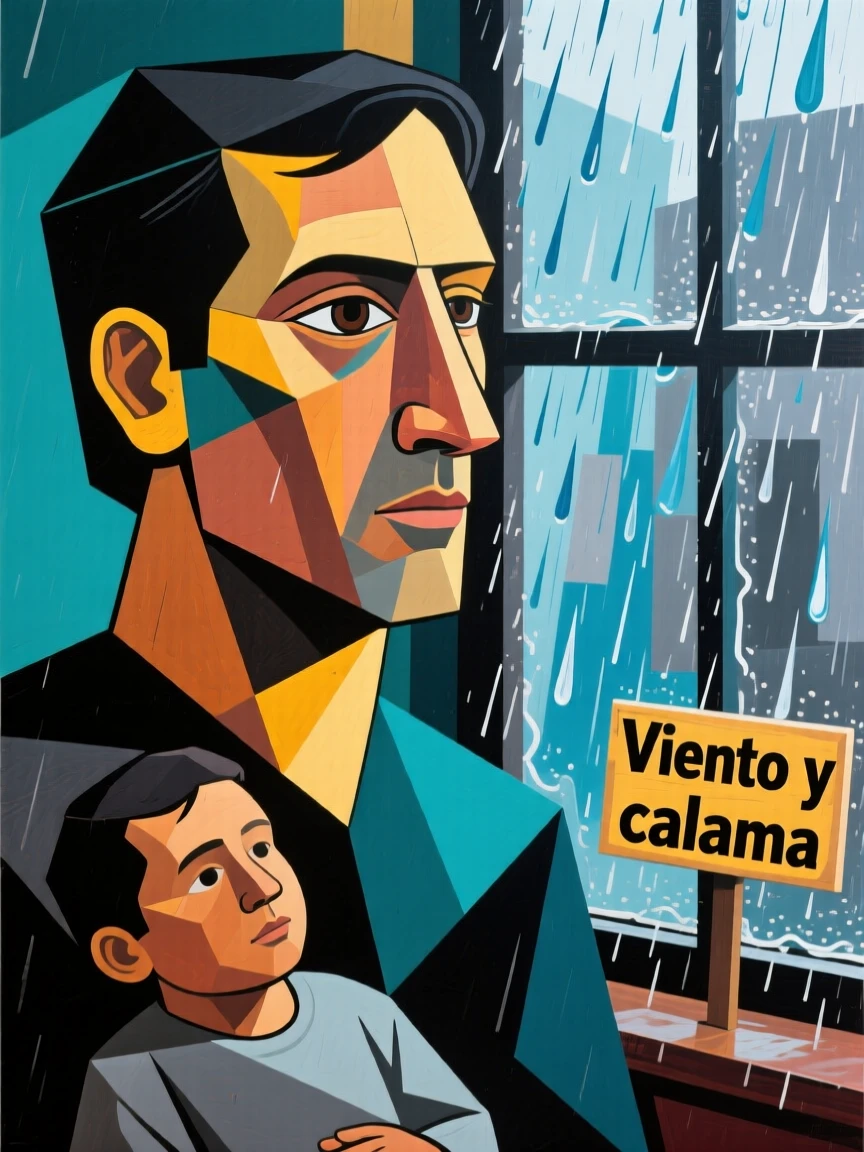 A tender close-up study of a new father of Mexican heritage radiating calm confidence, beside a rain-streaked window.
