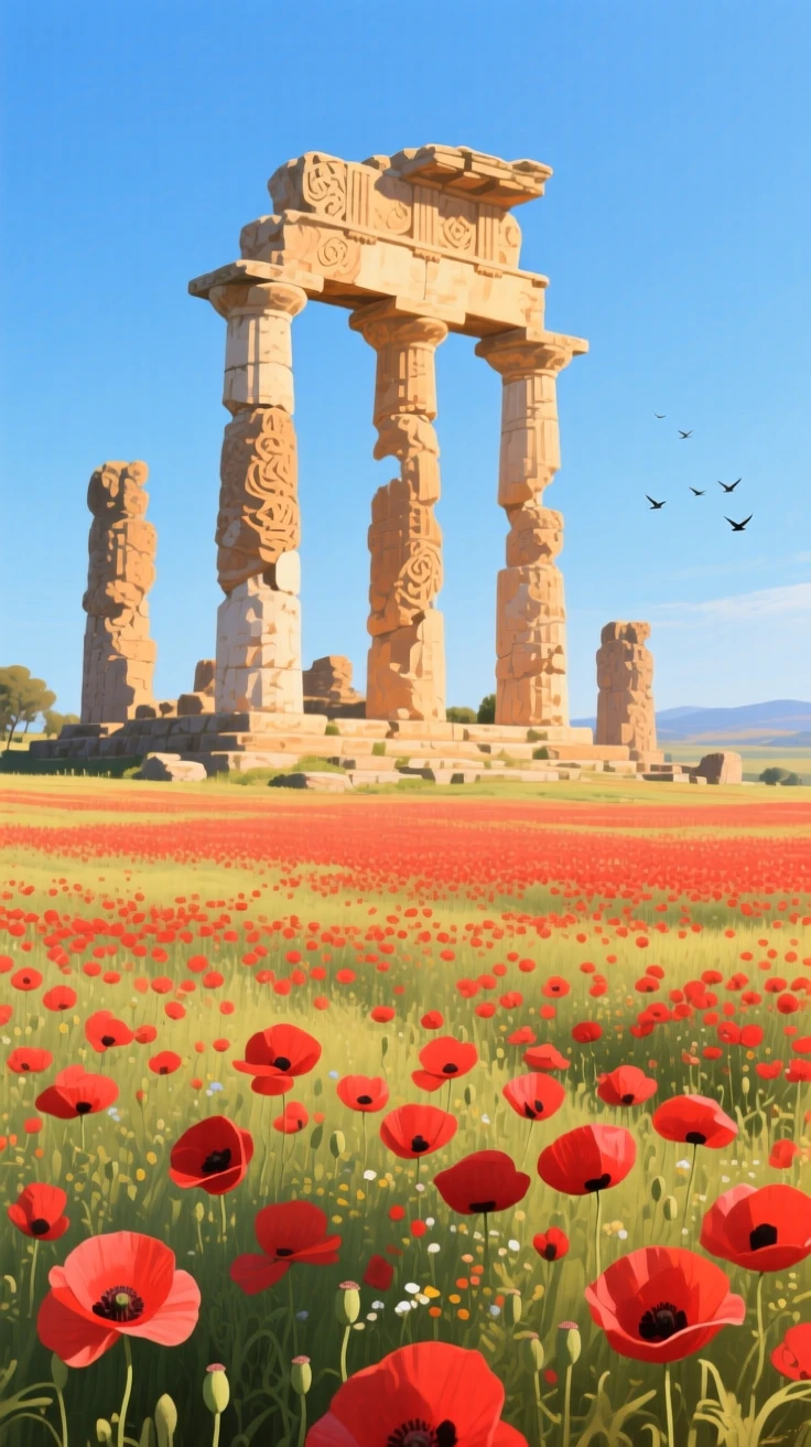 A vast field of red poppies surrounds ancient ruins in Sicily, stone columns rising from the wildflowers beneath a warm afternoon sun, with the crisp, still air carrying only the faintest sounds of distant birdsong.