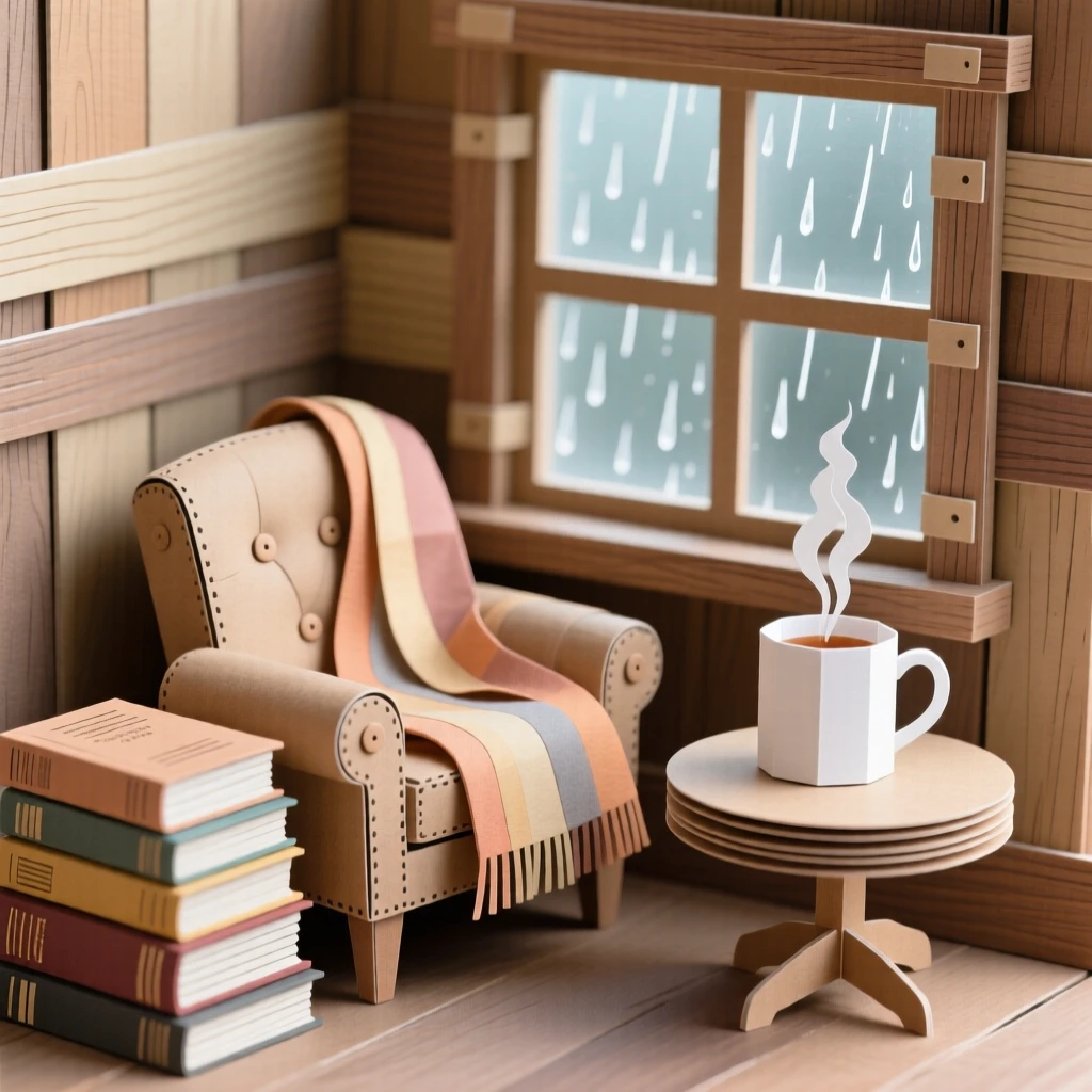 A cozy reading nook filled with stacked books, a soft blanket, and a steaming mug of tea beside a rain-streaked window, evoking peaceful introspection.