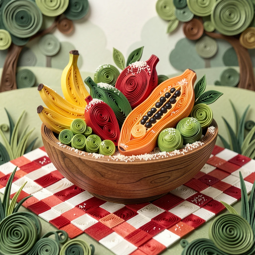 A cozy still life of a wooden bowl piled high with fresh tropical fruit on a checkered picnic blanket in a park, with a light dusting of powdered sugar, framed with a shallow depth of field on the main subject.