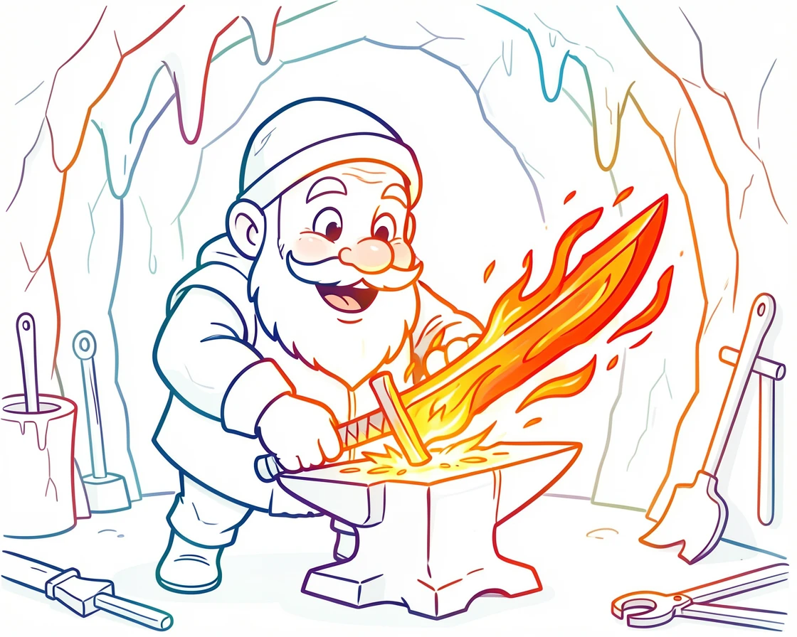 A dwarf blacksmith forging a glowing sword in an underground mountain hall.