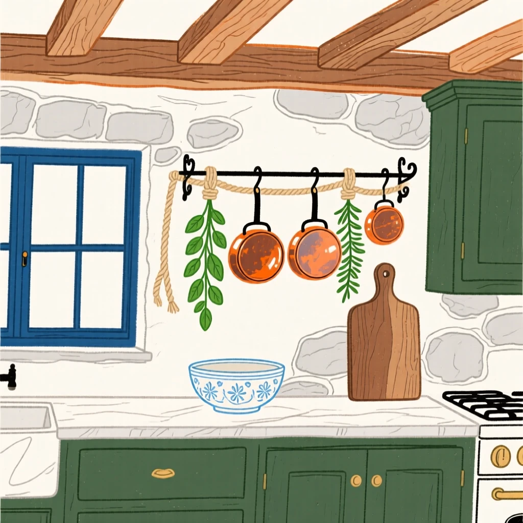 A rustic farmhouse kitchen with hanging herbs and copper pots.