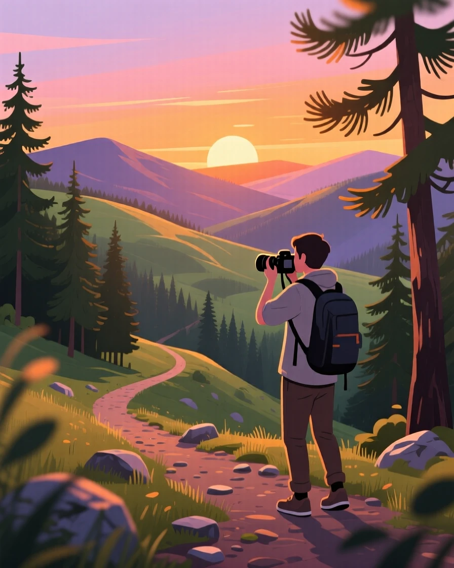 A photographer capturing a sunset over rolling hills, on a scenic mountain trail surrounded by pines, composed with gentle motion blur suggesting playful movement, with a sense of warmth and togetherness in every detail.