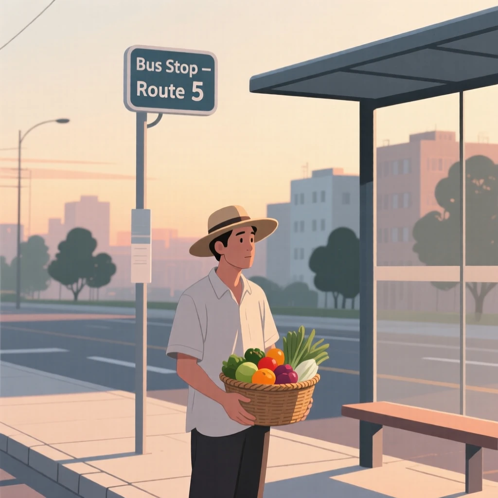 A street vendor waiting at a bus stop on a quiet summer evening in the city.
