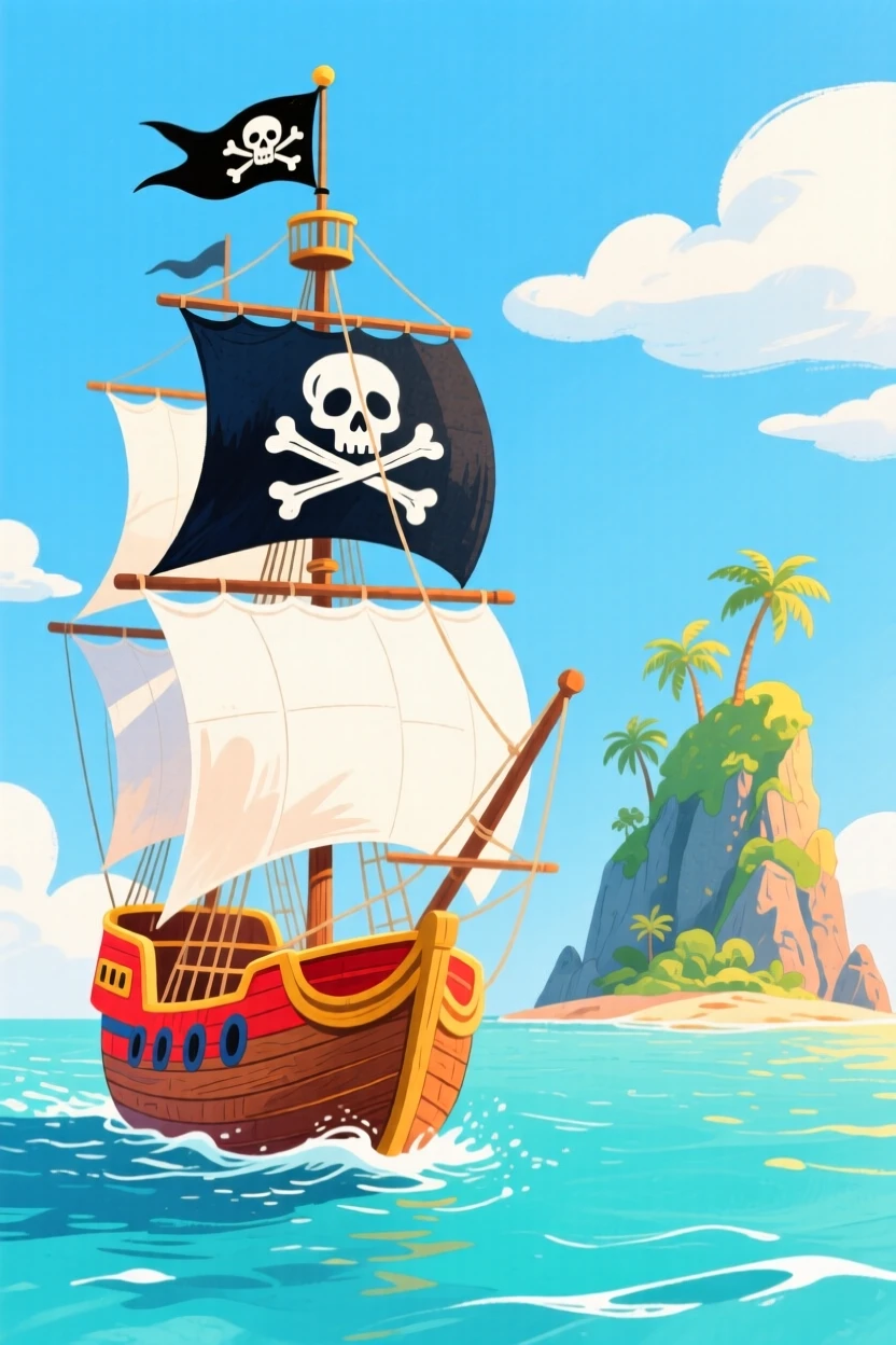 An adventurous scene of a pirate ship sailing toward a mysterious island.