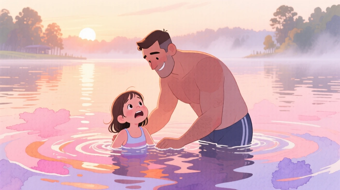A father teaching his daughter to swim in a calm lake at sunrise, amid the quiet hush of an early morning, radiating kindness, hope, and heartfelt emotion.