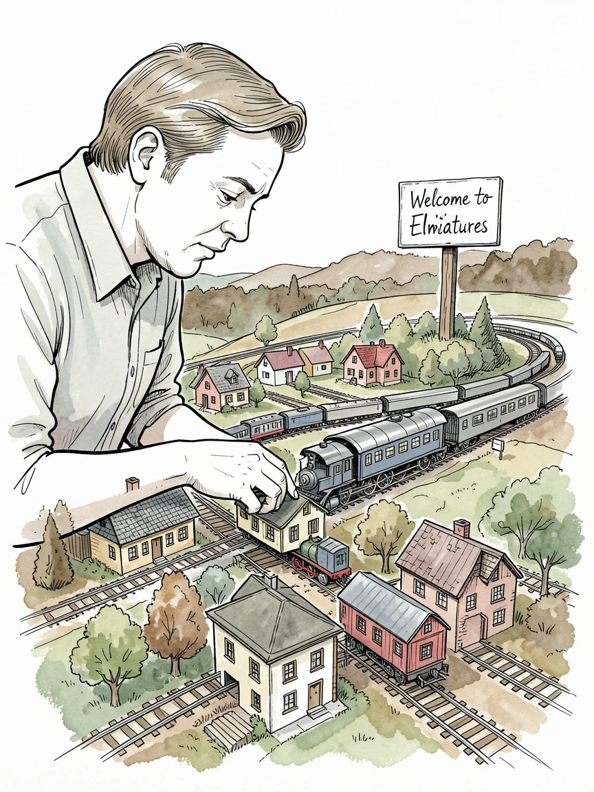 A model train enthusiast adjusting tiny buildings along an elaborate miniature landscape