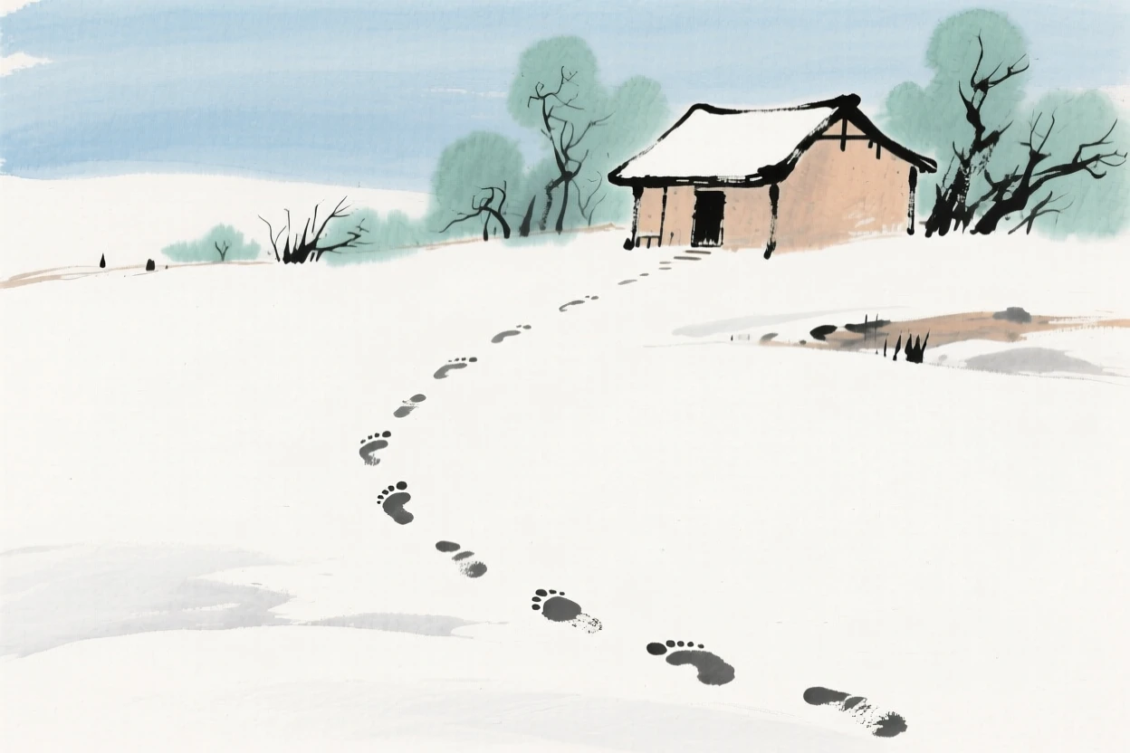 A single set of footprints crossing untouched snow toward a distant hut, evoking a sense of quiet solitude.