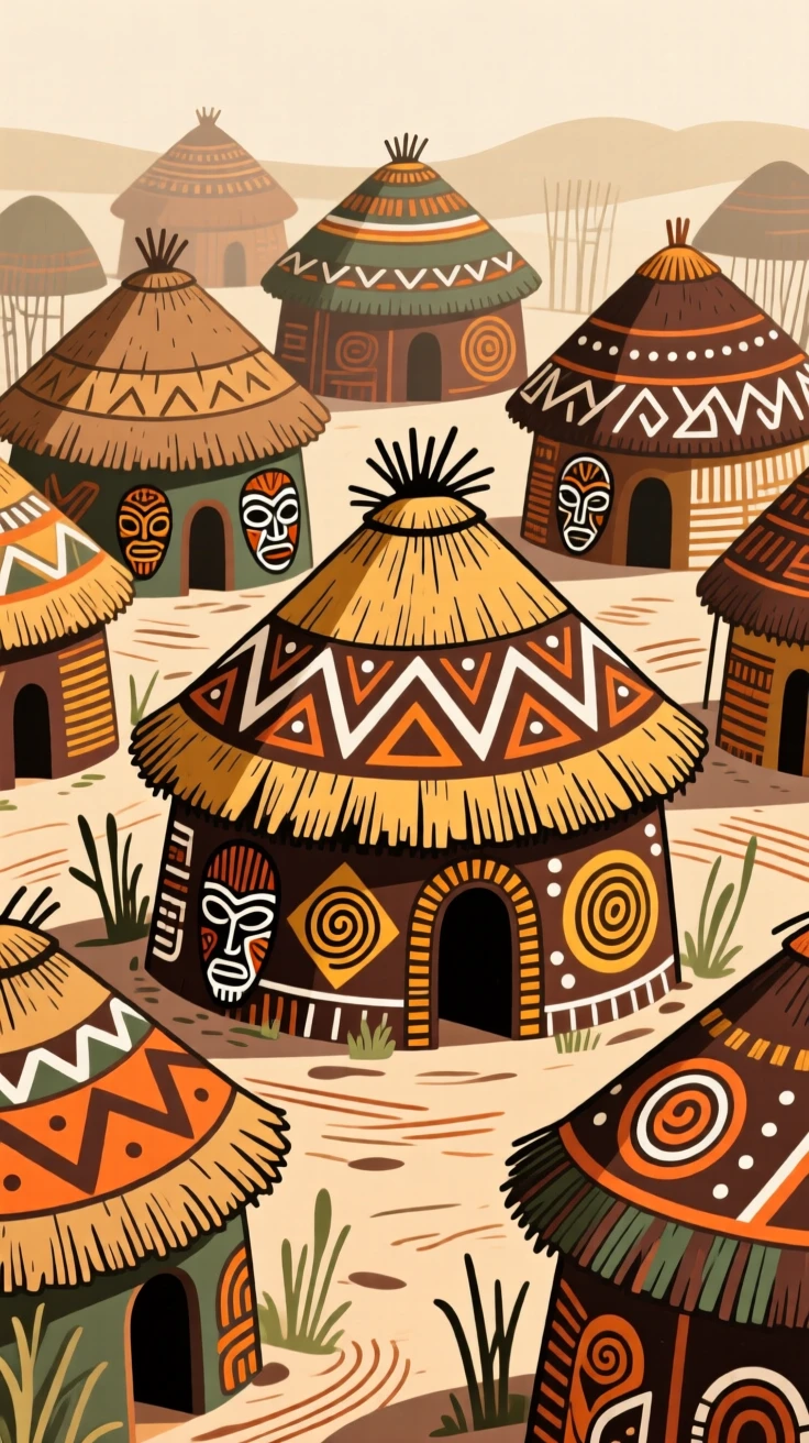 A cluster of round thatched-roof huts in a traditional village.