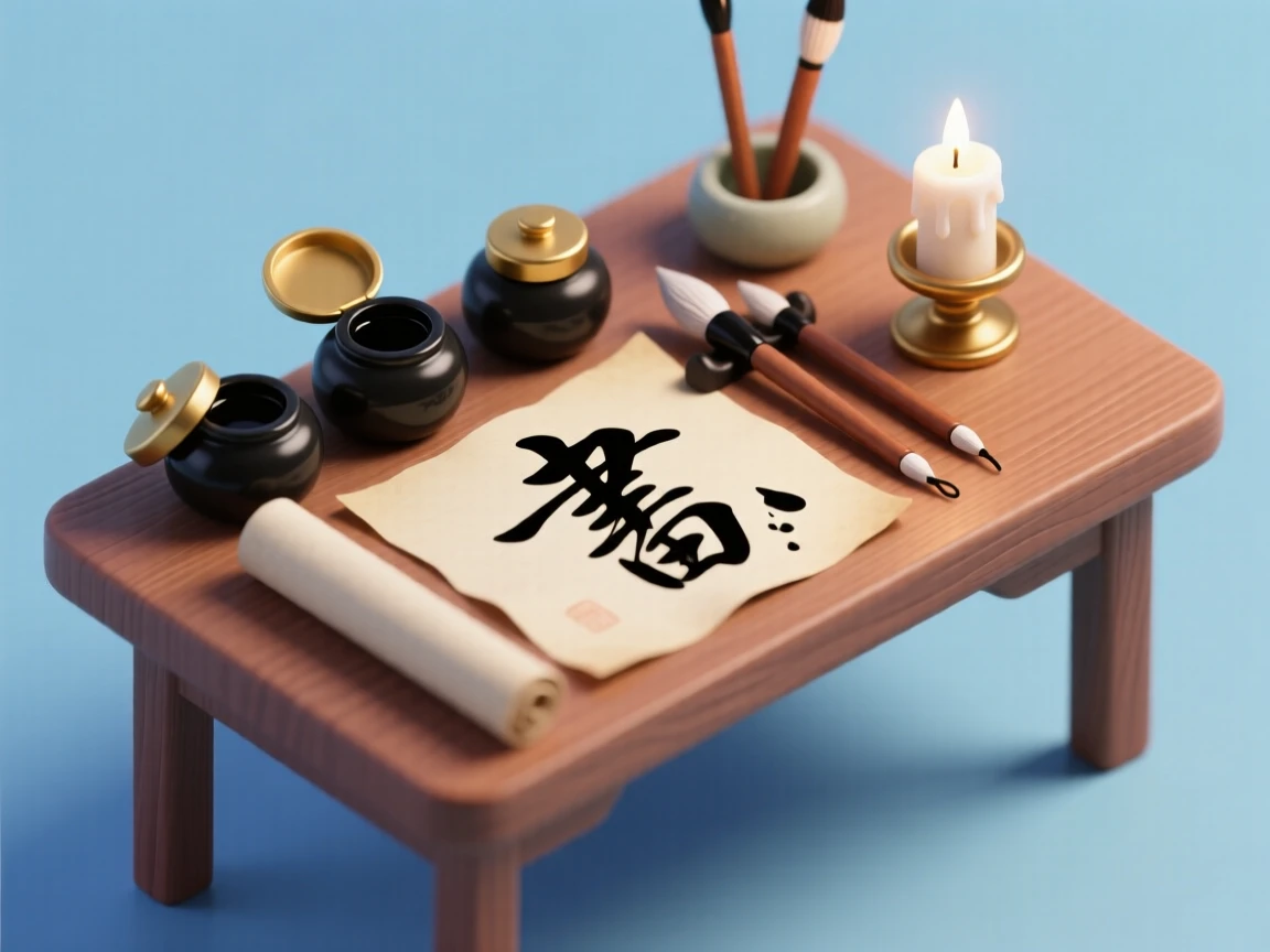 A quiet evening of practicing calligraphy at a wooden desk, ink pots and brushes arranged neatly, and a candle flickering nearby.