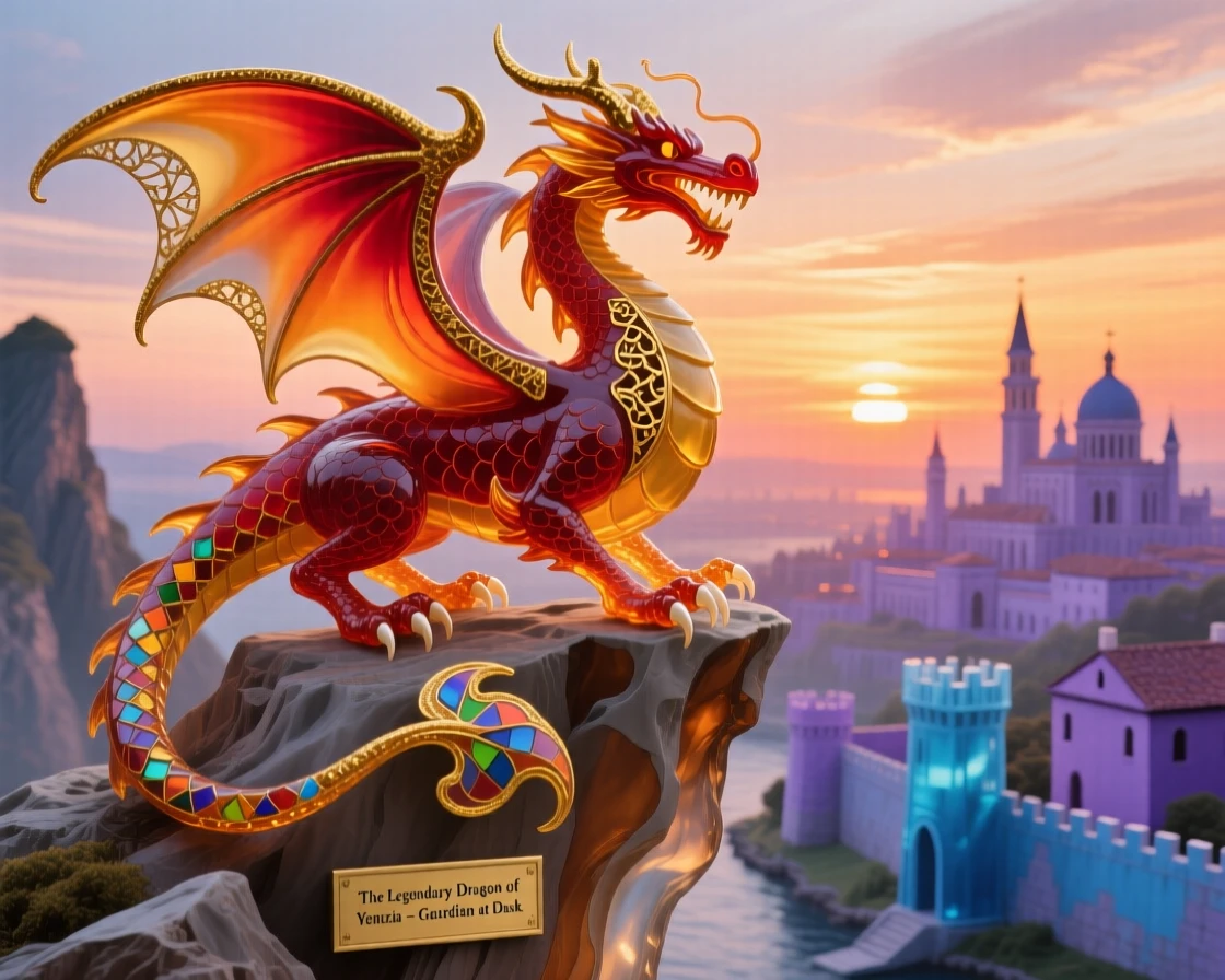 A dragon perched on a cliff overlooking a kingdom at sunset, legendary and commanding.