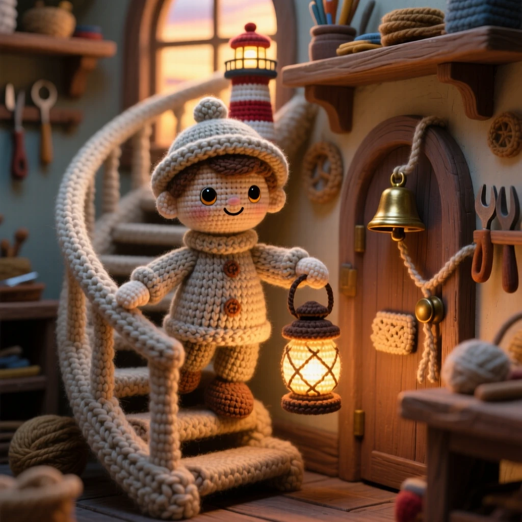 A charming scene of a friendly lighthouse keeper with a warm lantern and a thick knitted sweater, climbing the spiral stairs at dusk inside a sunlit workshop lined with wooden shelves; a small brass bell hanging by the door adds to the moment, full of bright-eyed enthusiasm for a beloved craft.