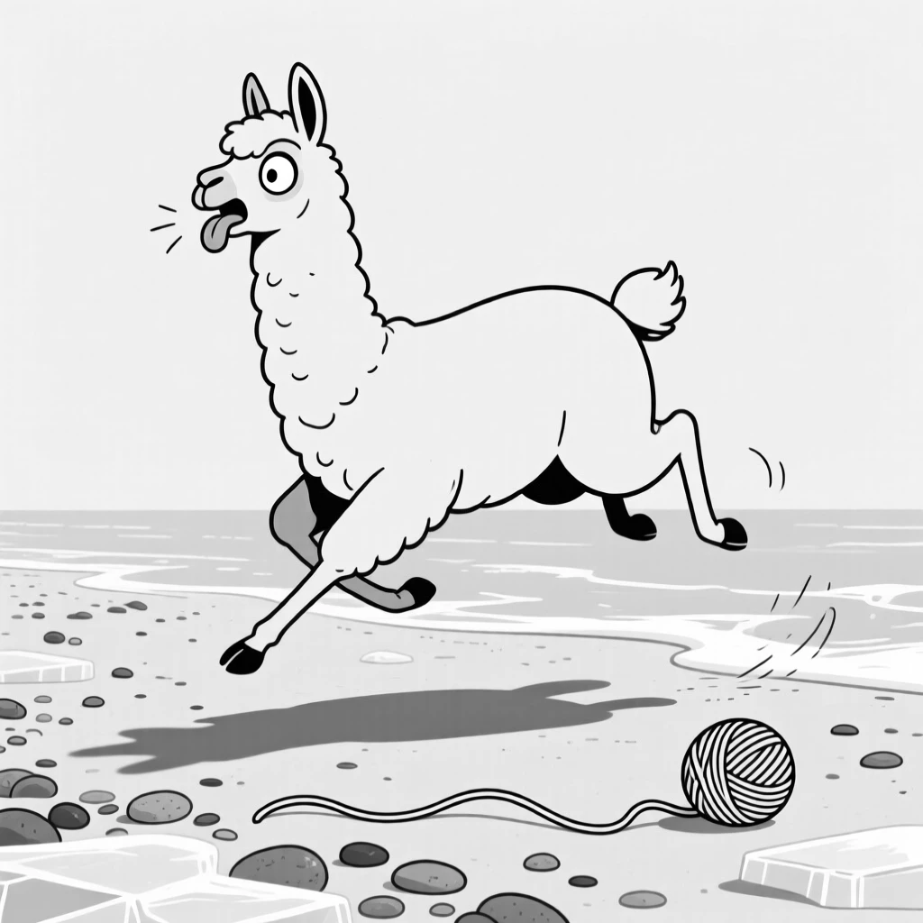 A dramatic llama sticking its tongue out, hopping sideways in surprise at its own shadow, set on an icy pebble beach. A ball of yarn rolls slowly across the floor. The image radiates pure comic affection.