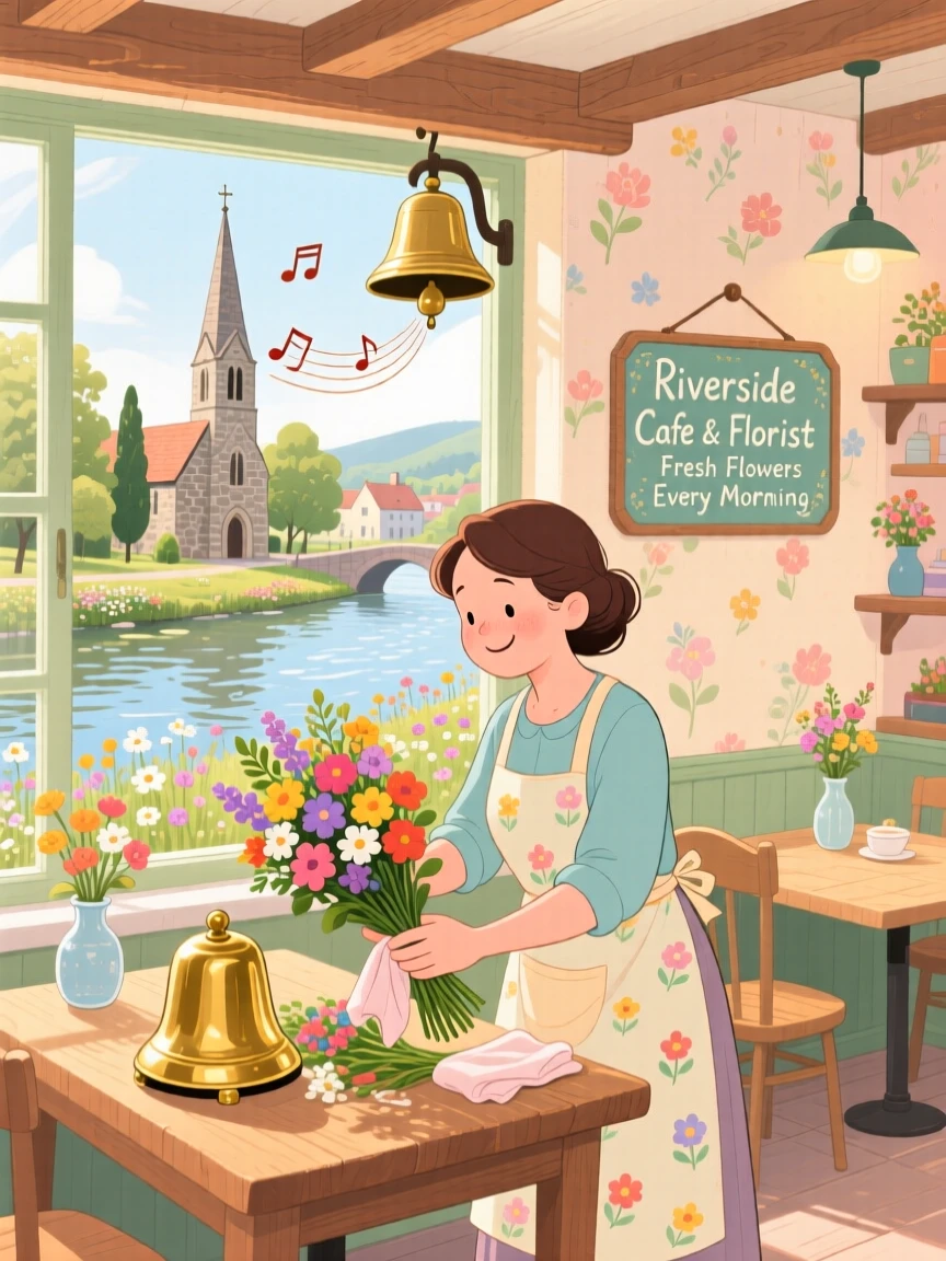 A florist arranging a bouquet spends the morning polishing an old brass bell in a riverside café, as the church bell rings in the distance.