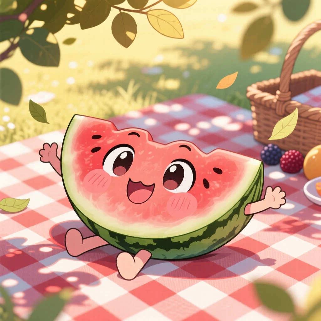 Close-up portrait: a cheerful slice of watermelon, sunbathing on a picnic blanket, set against a sunny summer picnic during a light summer breeze, with dappled sunlight through a canopy and a mood of curious excitement.