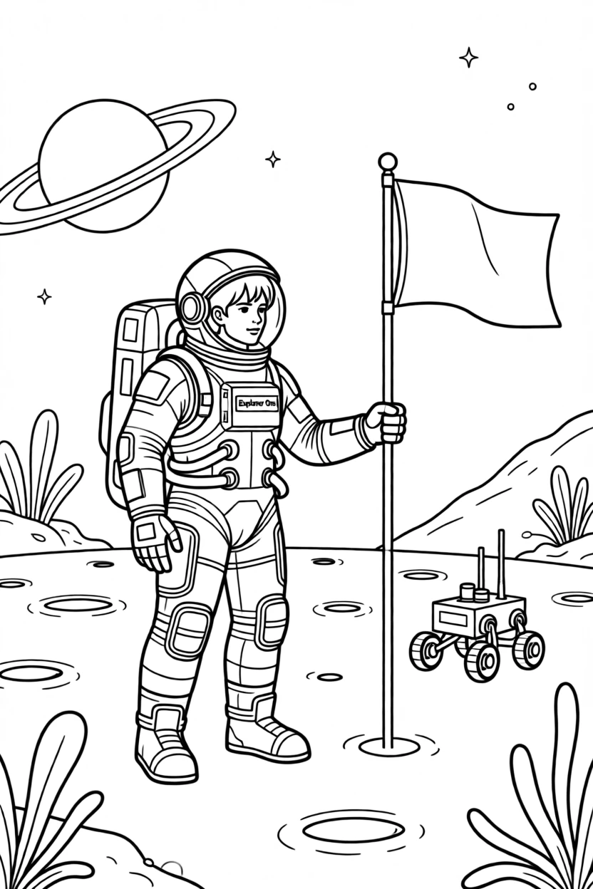 A lone astronaut planting a flag on an alien moon, with the curve of a planet visible on the horizon.