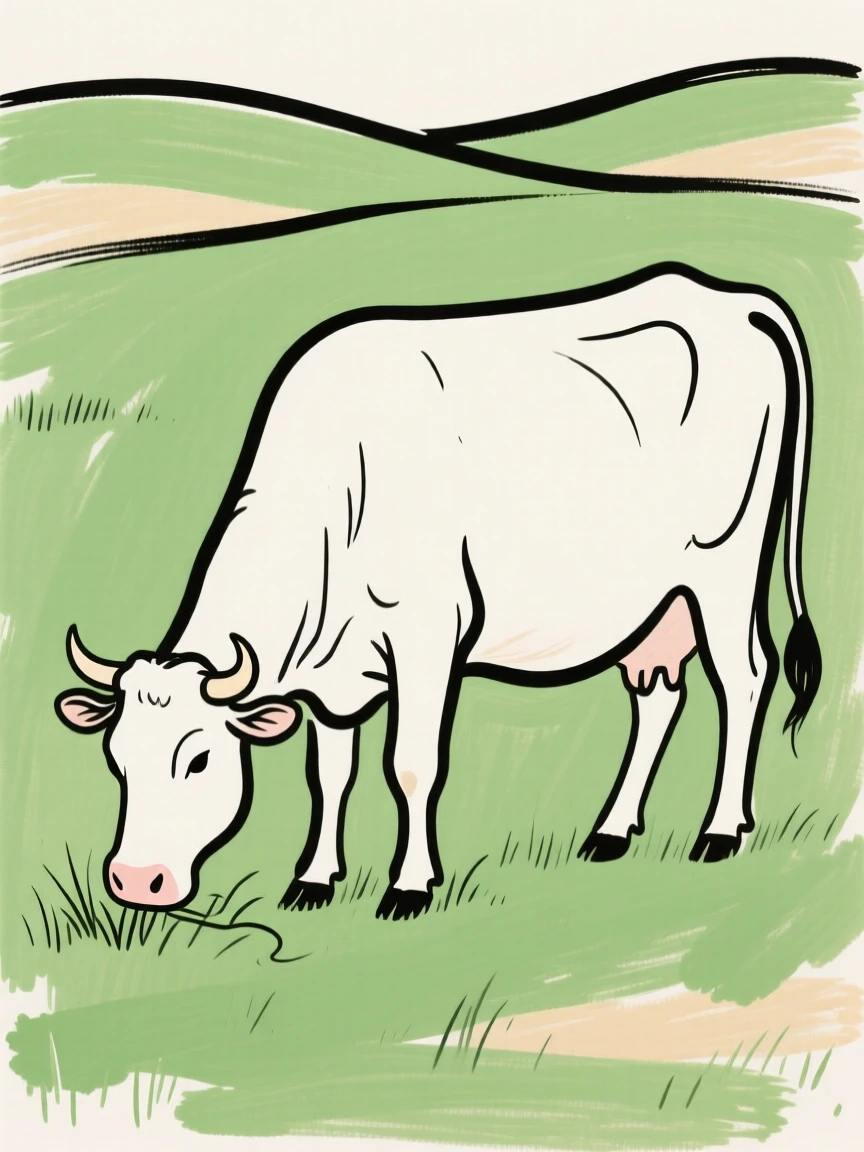 A cow grazing in a green pasture
