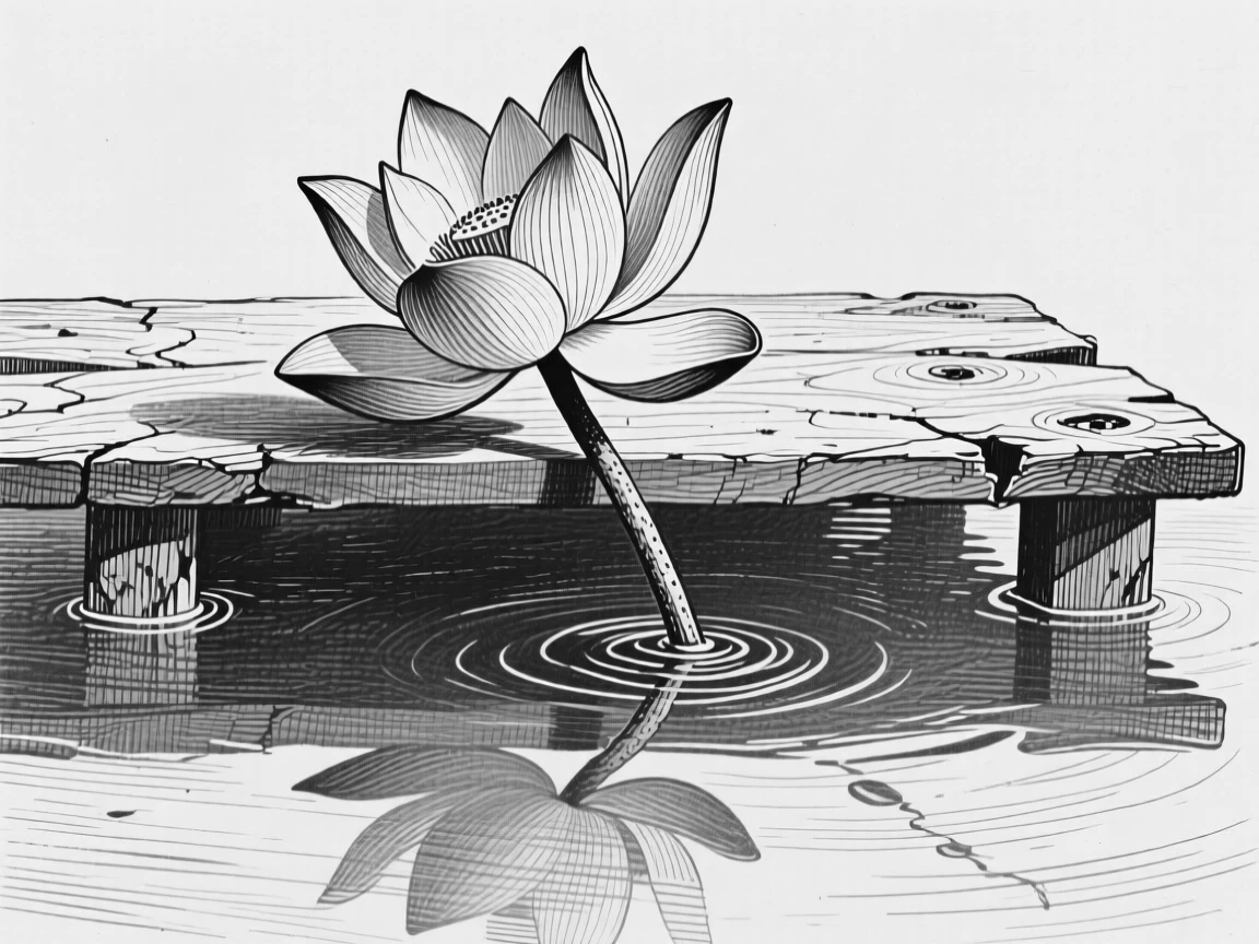 A lotus flower on still water set against a rustic wooden table, with stems bending gracefully under their own weight, composed in a softly nostalgic still-life arrangement.