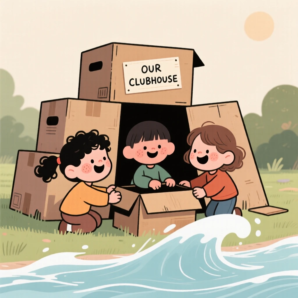 A small group of children build a fort out of cardboard boxes in the backyard, laughing as a wave rushes in to wash it away.