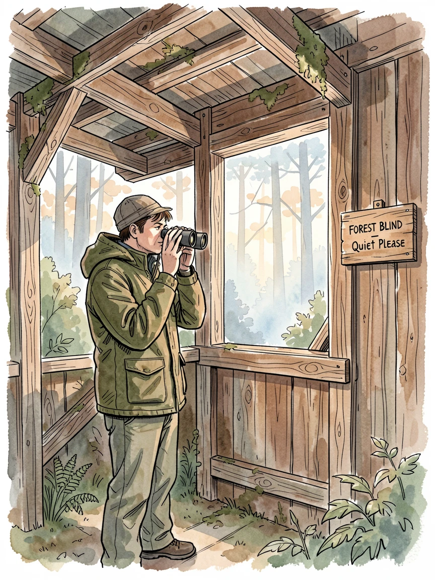 A birdwatcher peering through binoculars from a quiet forest blind at dawn