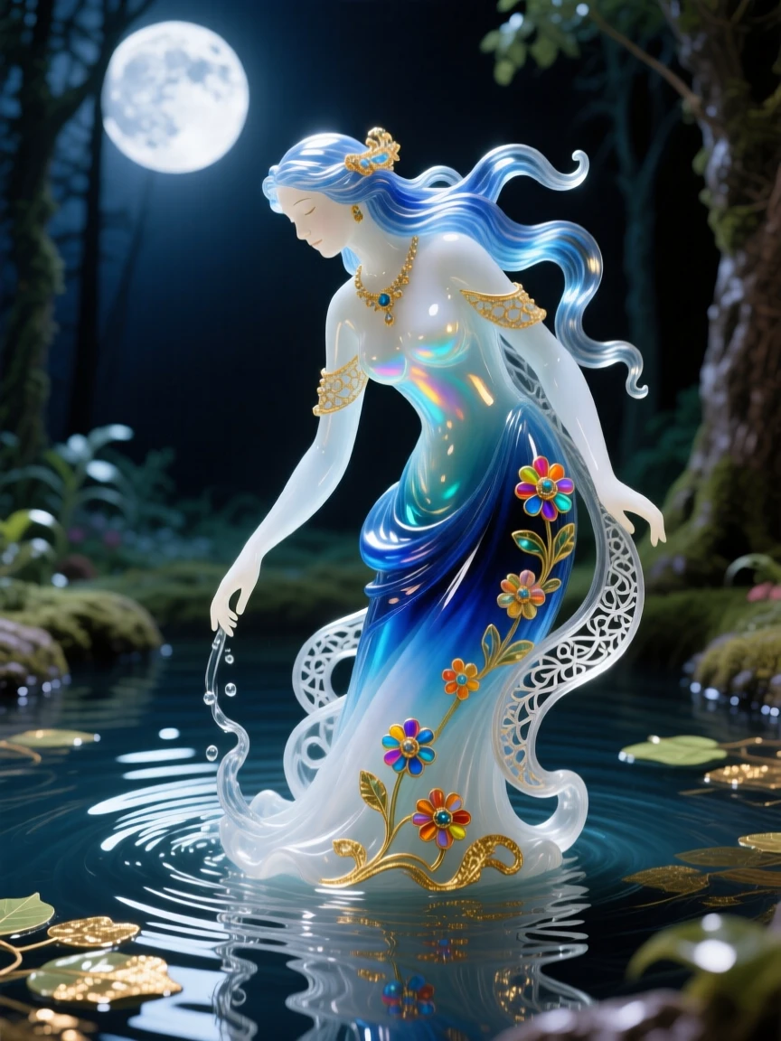 A water nymph rising gracefully from a moonlit forest pool, ethereal and serene.