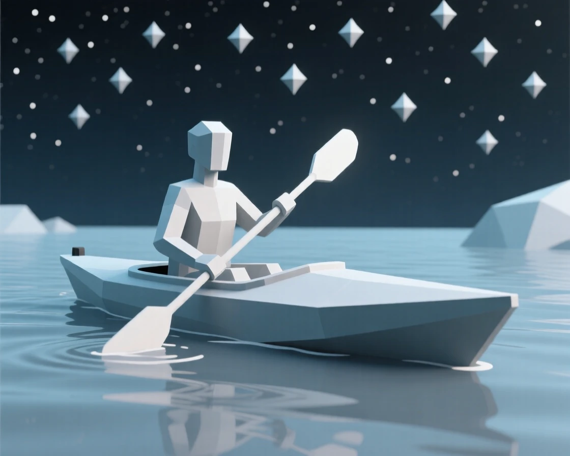 A kayaker paddling through calm turquoise water, beneath a canopy of stars. a shallow depth of field keeps the action sharply in focus. It captures a feeling of personal accomplishment.