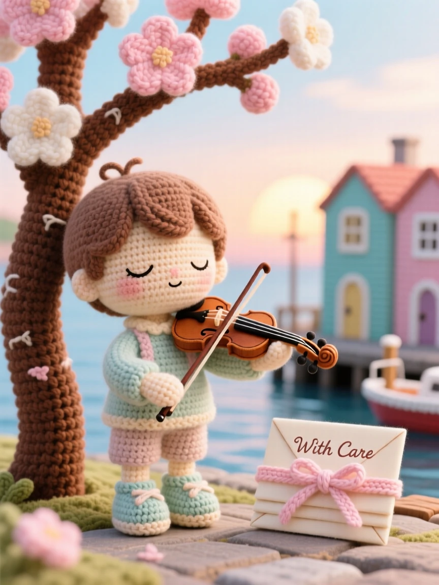 a young violinist, with closed eyes and a peaceful expression, is captured playing beneath a blossoming tree in a small harbor town at sunrise beside a stack of handwritten letters tied with ribbon, radiating gentle pride in a job done with care.