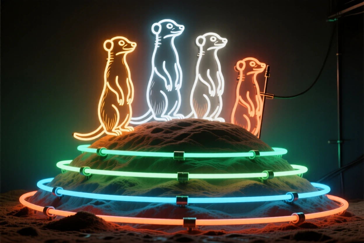 A troupe of meerkats standing sentry atop a termite mound.