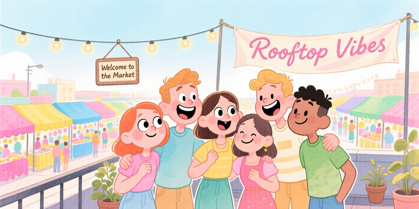 A group of friends at a rooftop party posing together at a colorful street market