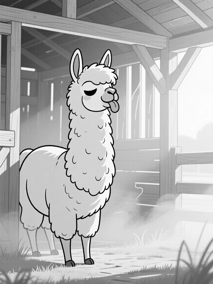 A dramatic llama sticking its tongue out, blinking slowly in mock wisdom, set in a sunlit barn stall. Morning mist clings to the grass. There's something deeply endearing about the little chaos.