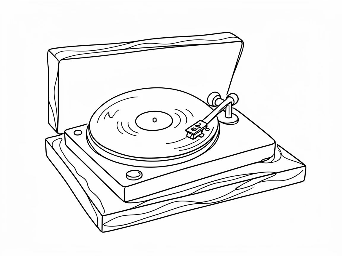A vintage record player spinning a vinyl album on a wooden shelf