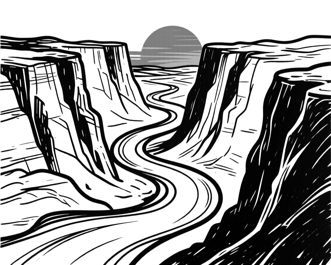 A dramatic desert canyon glowing orange and red at sunset.